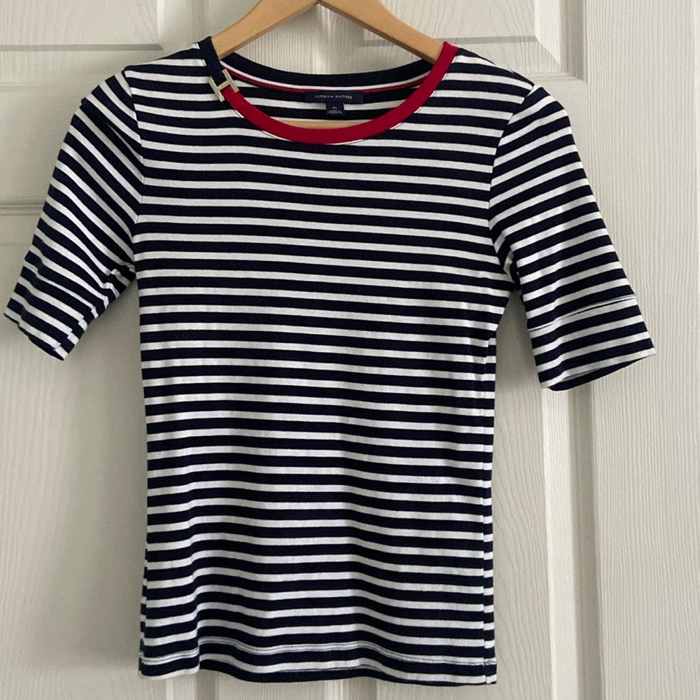 Tommy Hilfiger PS navy and white striped top w/red at neck. Great condition!